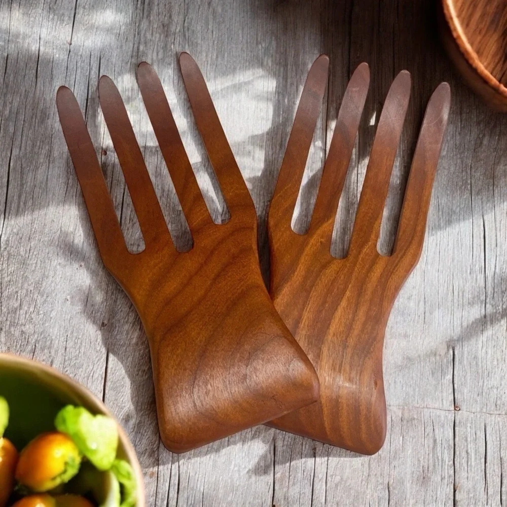 MCM Teak Wood Salad Serving Hands - Pair